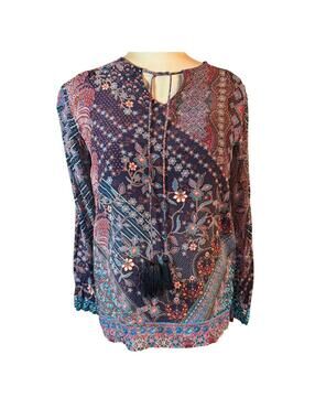 Boho Patchwork Floral Tassel Top – Viscose & Silk Blend, Size Small